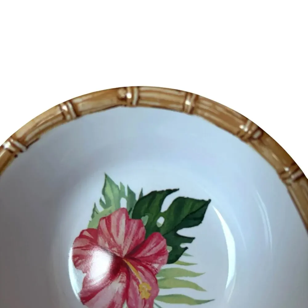 4pc Tropical Hibiscus Melamine Salad Bowls 7.5in Bamboo Rim Indoor Outdoor NEW